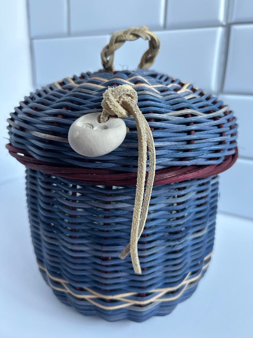 Handwoven Lidded Basket 7” Artisan Weave Clay Tag RK Periwinkle Maroon